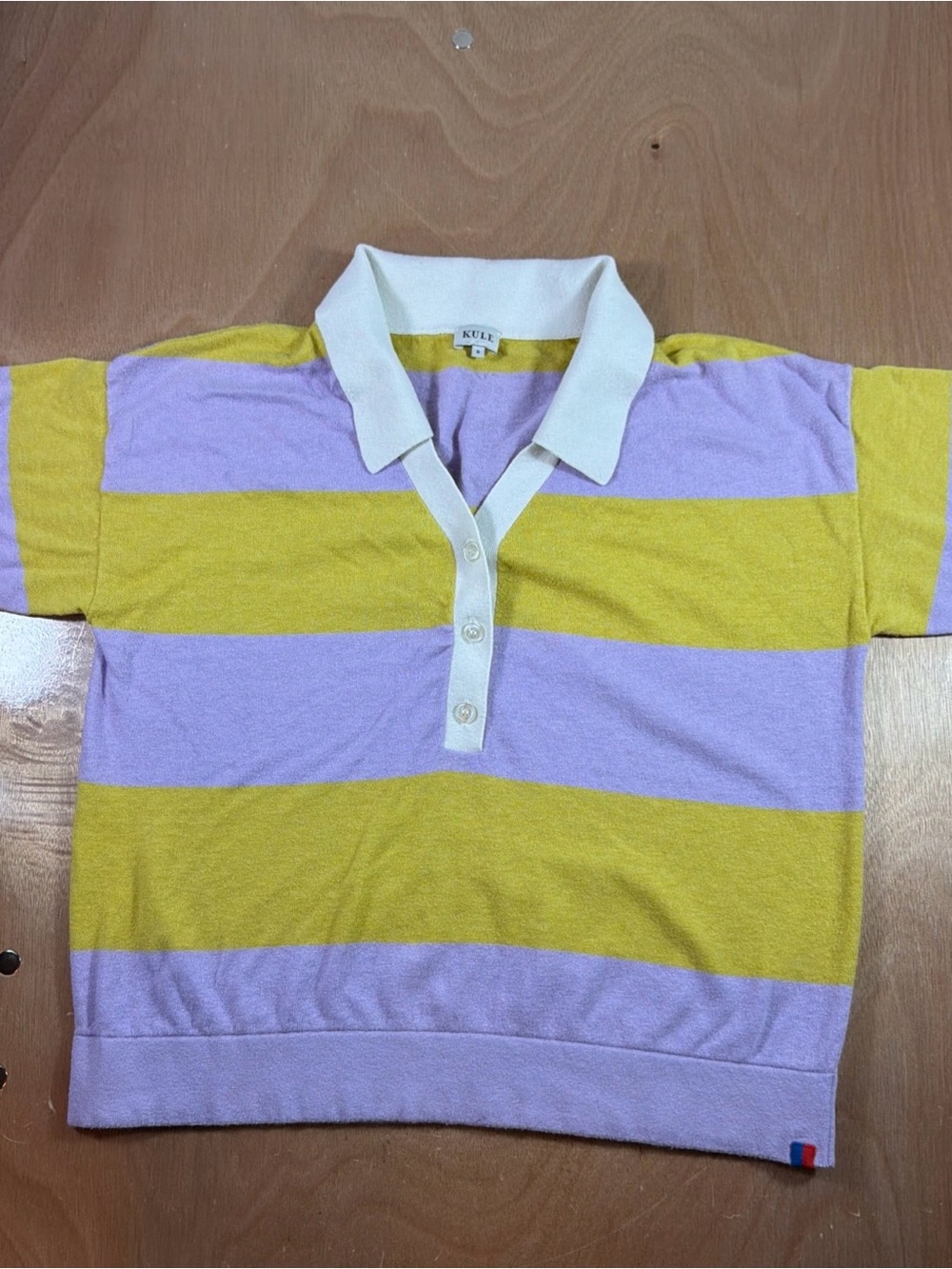 Kule The Buell Polo Shirt Lilac Gold Striped Sm Women Cotton Linen Preppy Twee